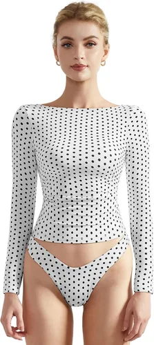 Vista 24 de SUUKSESS Camiseta de mujer con cuello redondo, manga larga, doblemente forrada, ajustada y corta