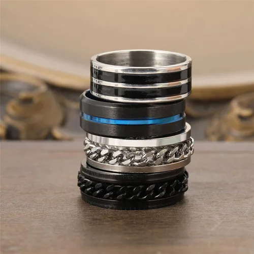 Vista 5 de FAXHION - Anillos de acero inoxidable para la ansiedad para hombres mujeres niños y niñas juego de anillos para la ansiedad negros y plateados