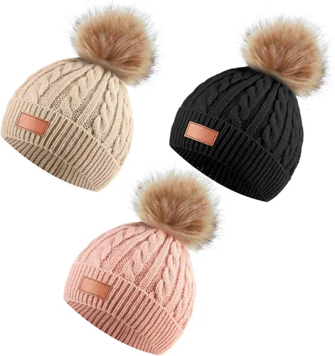 Vista 11 de Gorro de lana de punto para niños de 3 piezas, gorro de invierno cálido con pompón desmontable para niñas de 1 a 3 años