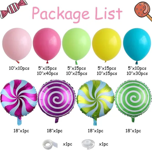 Vista 2 de Candyland - Kit de guirnalda de globos de caramelo de 184 unidades, globos de látex rosa pastel, morado, azul, con globo de aluminio de caramelo Kit