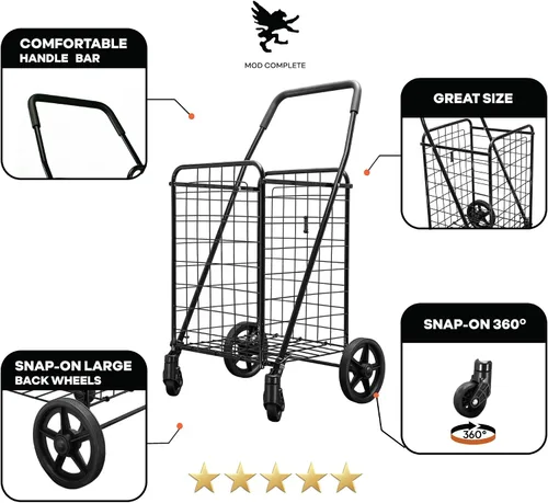 Vista 2 de Carrito de compras plegable con ruedas de 360 grados negro (cesta individual)