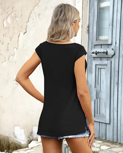 Vista 4 de Ficerd Paquete de 2 camisetas de manga casquillo para mujer, ajuste holgado, casual, cuello en V, básicas, elegantes, camisetas sin mangas