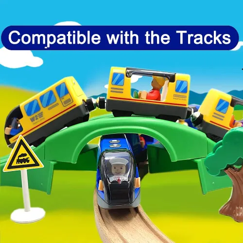 Vista 5 de TOPLIVING Tren motorizado para pista de madera, juego de 3 piezas de juguetes de tren para niños de 3, 4, 5 años, tren a batería compatible
