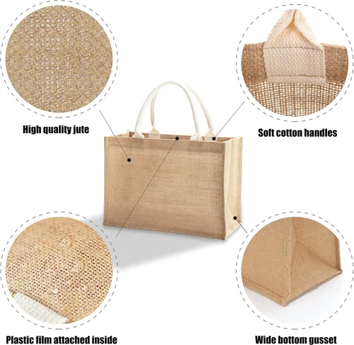Vista 4 de Bolsas de viaje de yute, juego de 10 bolsas de arpillera, medianas de 14.5 x 6.7 x 10.2 pulgadas, bolsa reutilizable para fiestas, bodas, playa