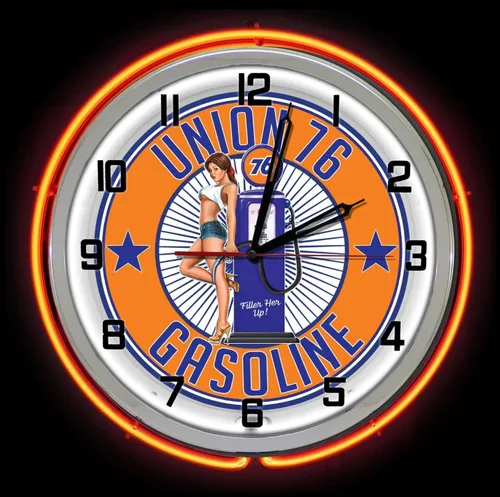 Vista 2 de Gasolinera Bomba de gas Chica Unión 76 Gas Naranja Luz Up 19" Reloj de neón doble