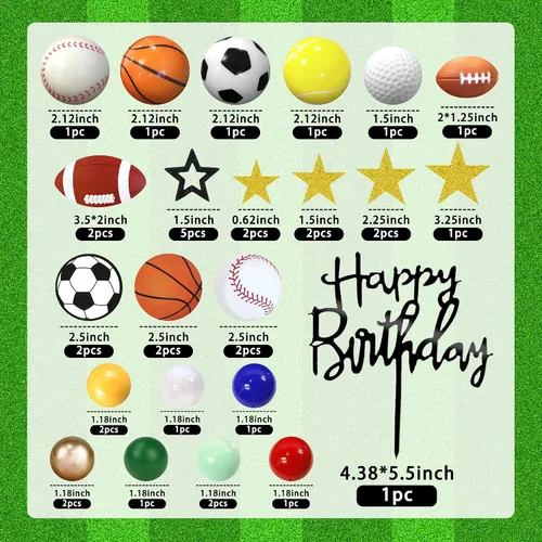 Vista 2 de 37 piezas de decoración de pasteles deportivos con fútbol, fútbol, béisbol, baloncesto, tenis, golf, suministros de cumpleaños
