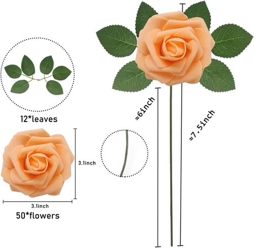 Vista 2 de Rosas artificiales, 50 unidades, rosas falsas de espuma de aspecto real con tallos para ramos de boda, centros de mesa de despedida de soltera
