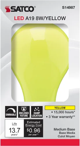 Vista 4 de Satco S14987 8 vatios A19 LED bombilla de color, amarillo de cerámica