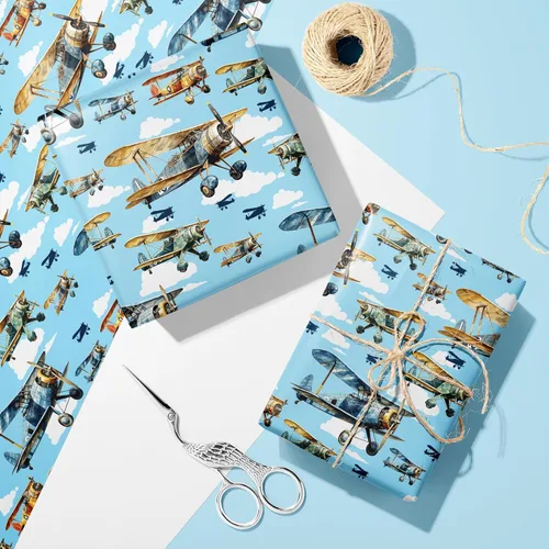 Vista 2 de Dtiafu Rollo de papel de regalo de avión – Envoltura de regalo de aviones vintage con diseño de nube de cielo azul para niños, baby shower