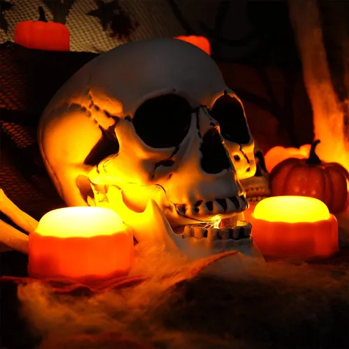 Vista 3 de Homemory Luces LED brillantes de calabaza de Halloween con control remoto y temporizador, luces de linterna Jack O' funciona con pilas para Naranja