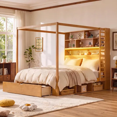 Vista 43 de Cama de plataforma con dosel de 4 pósteres de tamaño matrimonial con cabecero de listones verticales Negro-8.1