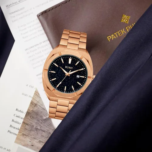 Vista 3 de BUREI Relojes de pulsera para hombre, relojes analógicos de cuarzo de acero inoxidable para hombre