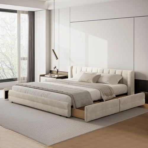 Vista 13 de Marco de cama tamaño Queen con cabecero suave tipo nube, base de cama de madera con tapizado de chenilla, no necesita somier - Beige Marco de cama