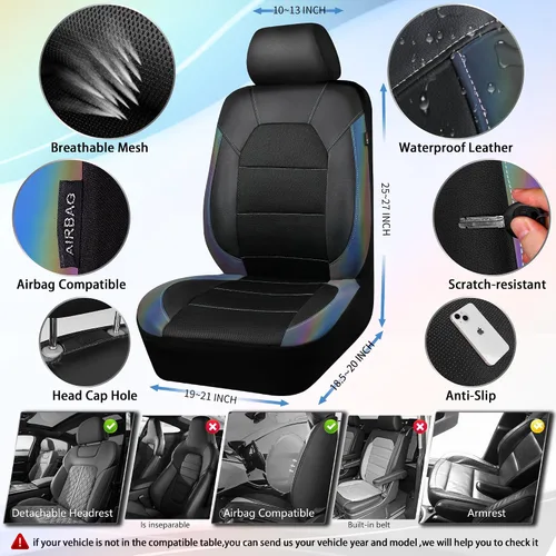 Vista 2 de CAR PASS Fundas de cuero para asientos delanteros solamente, con fundas de asiento delantero de malla de aire, transpirables, fundas de asiento