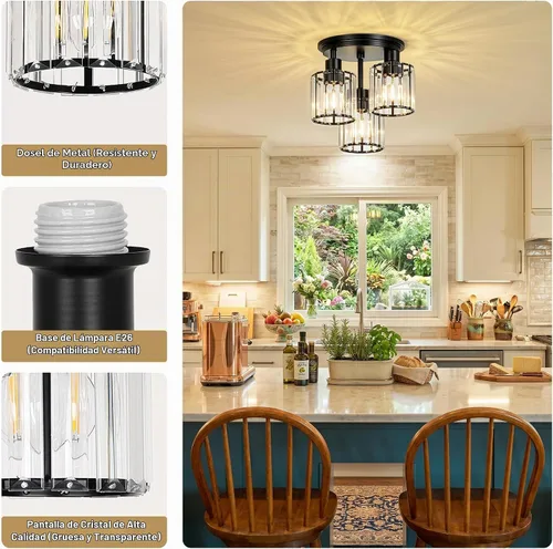 Vista 5 de ROTTOGOON Lámpara de techo semiempotrada de cristal, 3 lámparas modernas cerca del techo, lámpara de cocina negra con pantalla de cristal, lámpara