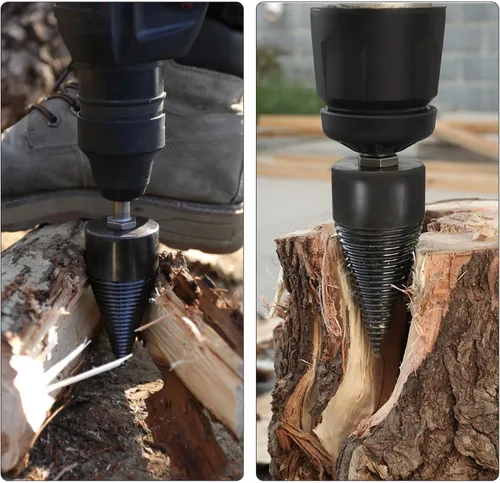 Vista 7 de Broca divisora de madera 42mm + 32mm con guantes antideslizantes y 4 mangos de perforación, broca divisora de troncos divisora de leña para broca