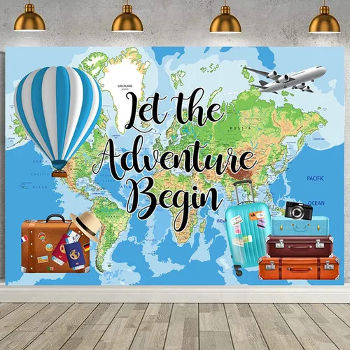 Vista 2 de Let The Adventure Begin - Fondo de fotografía de fondo de gira mundial, mapa, maleta de avión, decoraciones de fiesta de cumpleaños, globo