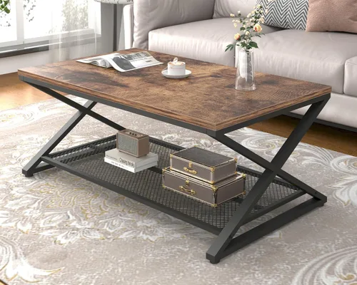 Vista 11 de LVB - Mesa de centro negra de 2 niveles con almacenamiento, 39 pulgadas Industrial Metal Wood Living Room Table with Storage, Farmhouse Wooden