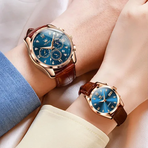 Vista 14 de OLEVS Juego de 2 relojes de cuarzo para parejas de San Valentín, para él y ella, cronógrafo de cuero, con diamantes para hombres, mujeres, amantes