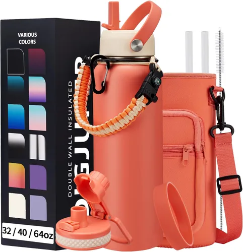 Vista 62 de Botella de agua aislada de 1 galón, con popote y tapa de pico automático, mango de paracord, funda para botella, botella de agua de acero inoxidable