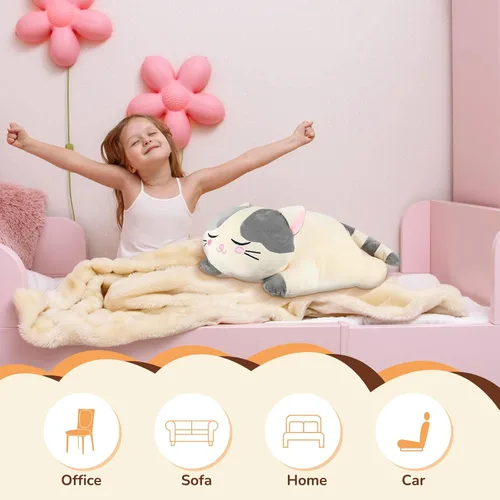 Vista 4 de Jexine 2 almohadas de felpa de gatito de 23.6 pulgadas, almohada de peluche grande para niñas, suave y lindo animal de peluche para niños, regalos