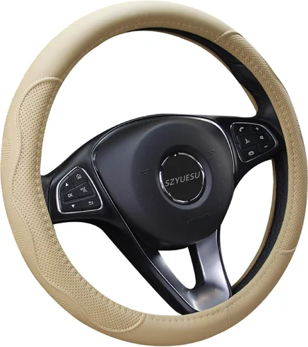 Vista 6 de Funda de cuero para volante de auto con forro antideslizante universal de 14.5-15 pulgadas (37-38 cm), protector de microfibra para automóviles
