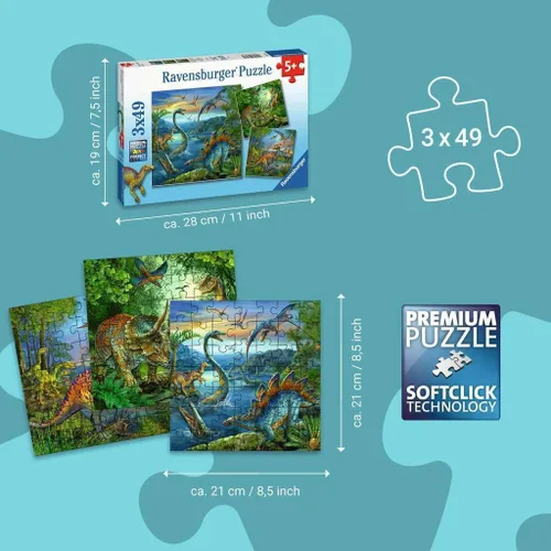 Vista 6 de Ravensburger Dinosaur Fascination - Juego de rompecabezas de 3 x 49 piezas - 09317 - Cada pieza es única, las piezas encajan perfectamente