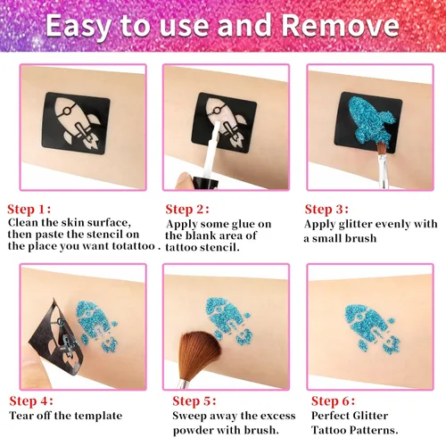 Vista 3 de Kit de tatuajes temporales con purpurina para niños, 36 colores de purpurina, 222 plantillas, 3 pegamento, 5 pinceles, kit de purpurina artística