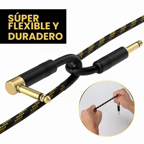 Vista 4 de Cable de guitarra de 4 pies/paquete de 2 - Ángulo recto + recto a recto, cable para instrumentos - nylon trenzado chapado en oro - 90 grados, 1/4