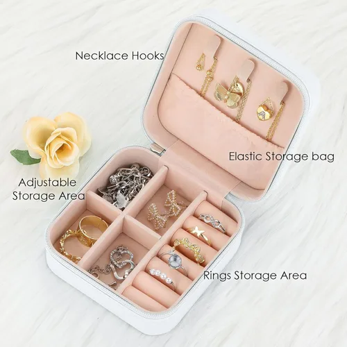 Vista 3 de MJartoria Joyero de viaje, pequeñas cajas de joyería para mujeres y niñas, caja organizadora de joyas portátil blanca, regalos de moda