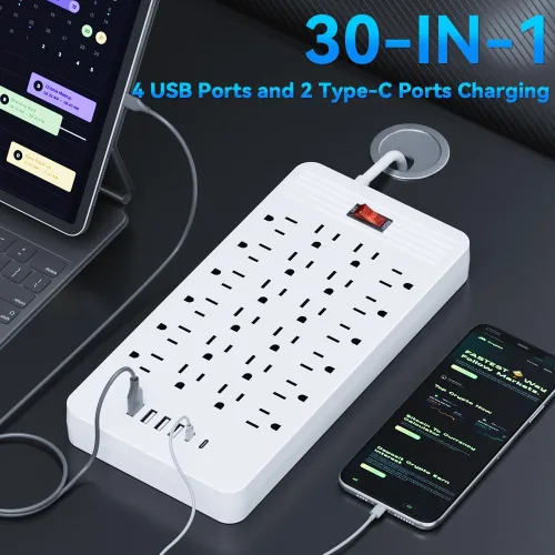 Vista 2 de Regleta protectora de sobretensiones de 24 tomacorrientes – Cable de extensión de enchufe plano de 5 pies con 24 tomas amplias y 4 puertos USB, 2