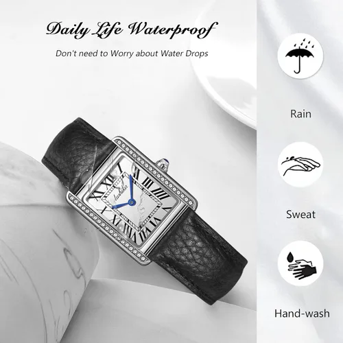 Vista 6 de RORIOS Relojes para mujer, cuadrado, analógico, de cuarzo, con correa de cuero, relojes de diamantes para mujer, reloj de pulsera impermeable