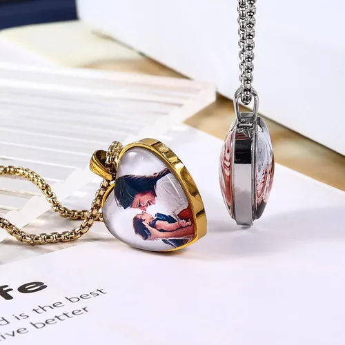 Vista 7 de Aro Torliy - Collar personalizado con imagen 2 fotos personalizadas en ambos lados collar personalizado de acero inoxidable con imagen de corazón