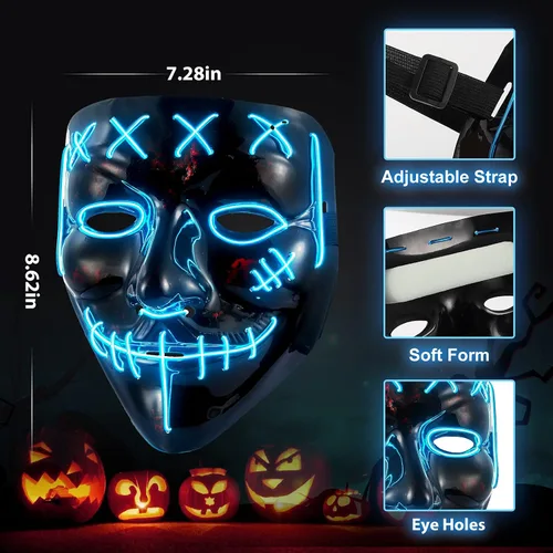 Vista 3 de Máscara de La Purga para Halloween con luz - Máscaras LED espeluznantes, disfraces de cosplay para niños, niñas, hombres, mujeres y adultos