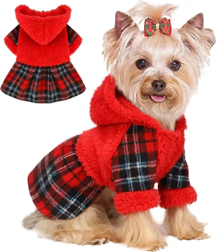 Vista 15 de Vestido de perro para perro pequeño, suéter Yorkie para niña, ropa de cachorro a cuadros, chihuahua, gato, linda ropa de forro polar cálido