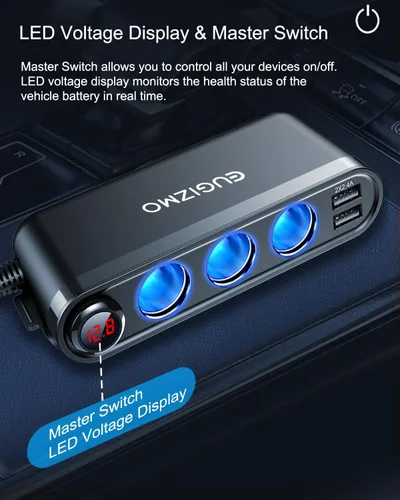 Vista 5 de Eugizmo - Divisor de encendedor de cigarrillos 7 en 1, adaptador de enchufe de cargador de coche de 200 W 1x PD30W USB-C, QC3.0 18W and 3x 2.4A