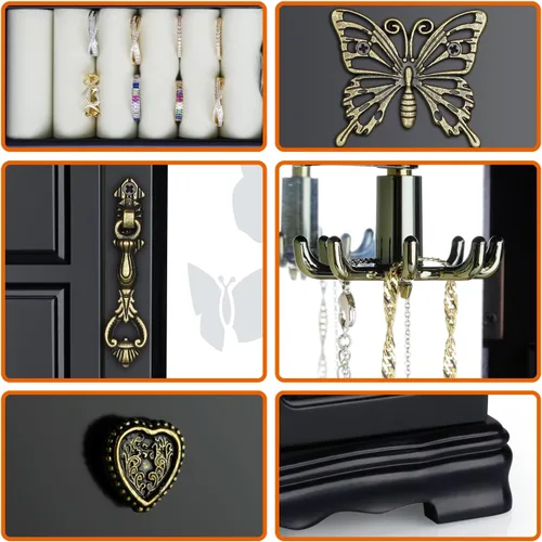 Vista 4 de RR ROUND RICH DESIGN Joyero de madera maciza para maquillaje y organizador de anillos para mujer, con 4 cajones incorporados, carrusel de collar