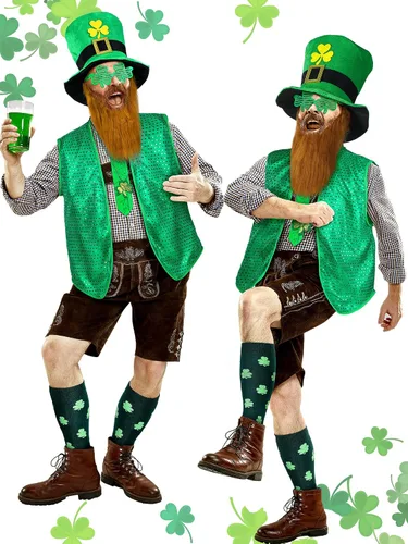 Vista 4 de Yinder Juego de 8 piezas de disfraz del día de San Patricio, chaleco de lentejuelas, sombrero de duende de trébol, lentes de bigote de imitación