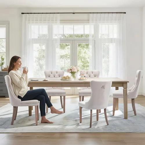 Vista 3 de Juego de 2 sillas de comedor de terciopelo con patas de madera, color beige Mid Century Modern Dining Chairs,Upholstered Chairs with Nailhead