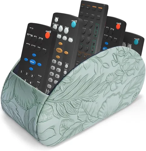 Vista 26 de QIELIZI Soporte para control remoto, organizador de escritorio de piel sintética con 5 compartimentos espaciosos para controles remotos de TV