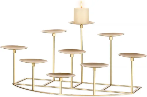 Vista 8 de Romadedi Portavelas para chimenea, 9 candelabros, para velas de pilar, soporte de vela negro, mesa de hierro, centro de mesa, manto, decoración