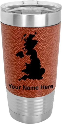 Vista 10 de LaserGram 20oz Vacuum Insulated Tumbler Mug, Country Silhouette United Kingdom, Personalized Engraving Included (Faux Leather, Baseball Style)