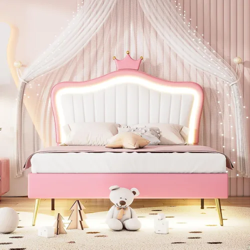 Vista 15 de Cama de plataforma, base de cama tapizada de cuero con cabecera de adorno de conejo, ideal para el dormitorio o apartamento de un niño
