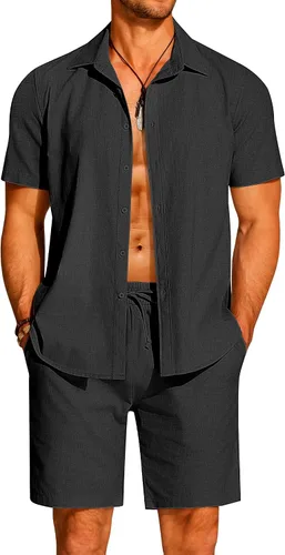 Vista 13 de COOFANDY Conjunto de 2 piezas de algodón y lino para hombre, camisas de manga corta con botones, pantalones cortos de playa de verano, trajes