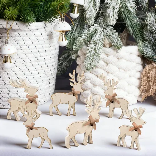 Vista 4 de Tieshankao 6 centros de mesa de madera de reno de Navidad para el hogar, bandeja escalonada de madera de ciervo de invierno para decoración de mesa