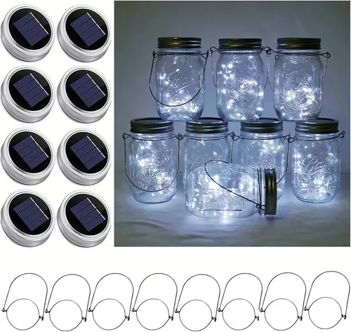 Vista 8 de Luces solares para tarros de masón, paquete de 8 tiras de luces impermeables con 8 ganchos para patio, jardín, fiesta, boda, decoración de Navidad