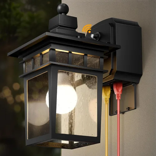 Vista 14 de Luces de Porche Exteriores con Sensor de Movimiento con Toma GFCI, 3 Modos de Luminaria Exterior del Anochecer al Amanecer, Luminaria de Iluminación