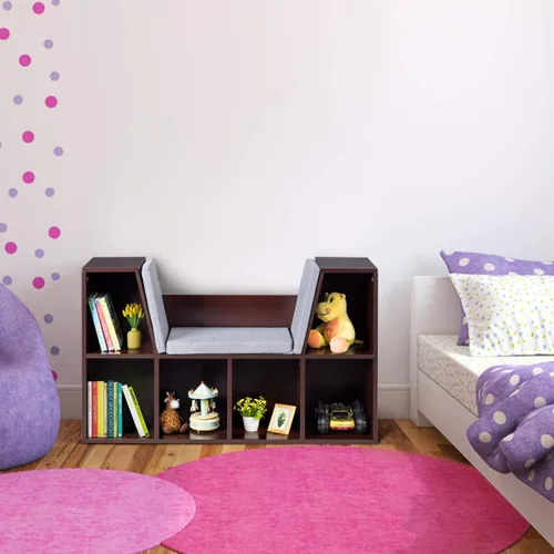 Vista 2 de HONEY JOY Organizador de rincón de lectura con cojín de asiento, estantería para niños con rincón de lectura, estante de almacenamiento de esquina