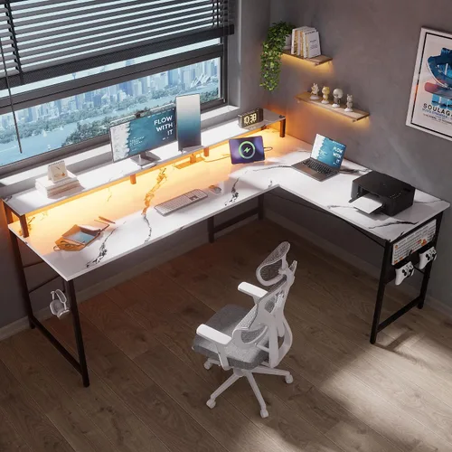 Vista 3 de Pamray Escritorio para juegos en forma de L de 64 pulgadas con tomas de corriente y luces LED, escritorio de esquina grande para computadora