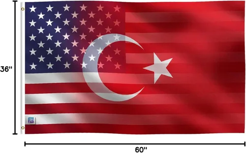 Vista 9 de Bandera híbrida turco-americana de 3 x 5 pies: pancarta 100% poliéster, ojales de latón y cabecera de lona fuerte, para uso en exteriores